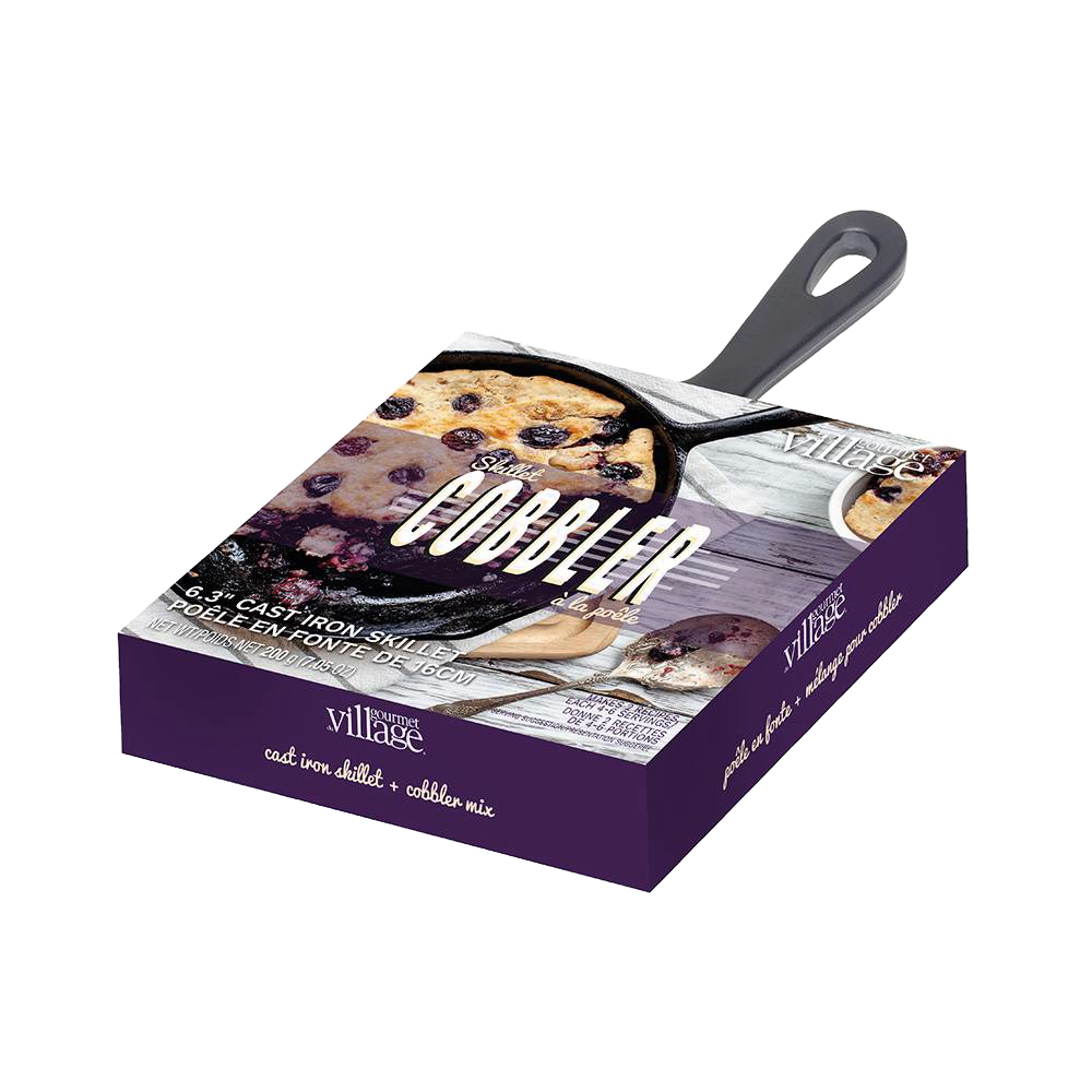 Boxed cobbler dessert mix with 6-inch cast iron skillet, showcasing a handcrafted skillet and mix combination from Kitchen & Food, Dry Goods and Mixes, Best Sellers, Promo Eligible collections.