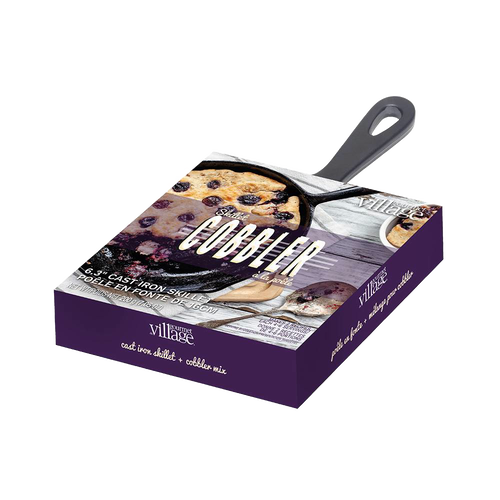 Boxed cobbler dessert mix with 6-inch cast iron skillet, showcasing a handcrafted skillet and mix combination from Kitchen & Food, Dry Goods and Mixes, Best Sellers, Promo Eligible collections.