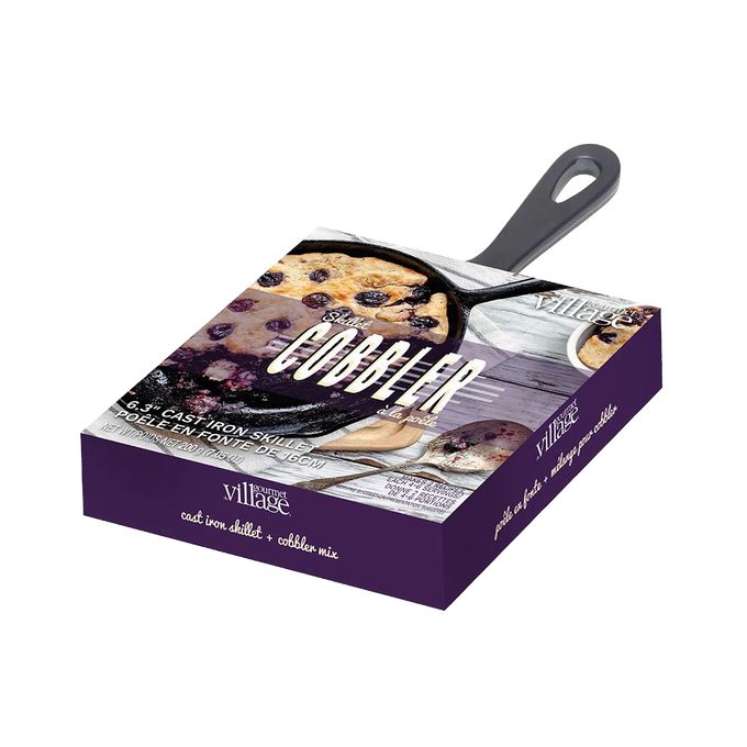 Boxed cobbler dessert mix with 6-inch cast iron skillet, showcasing a handcrafted skillet and mix combination from Kitchen & Food, Dry Goods and Mixes, Best Sellers, Promo Eligible collections.