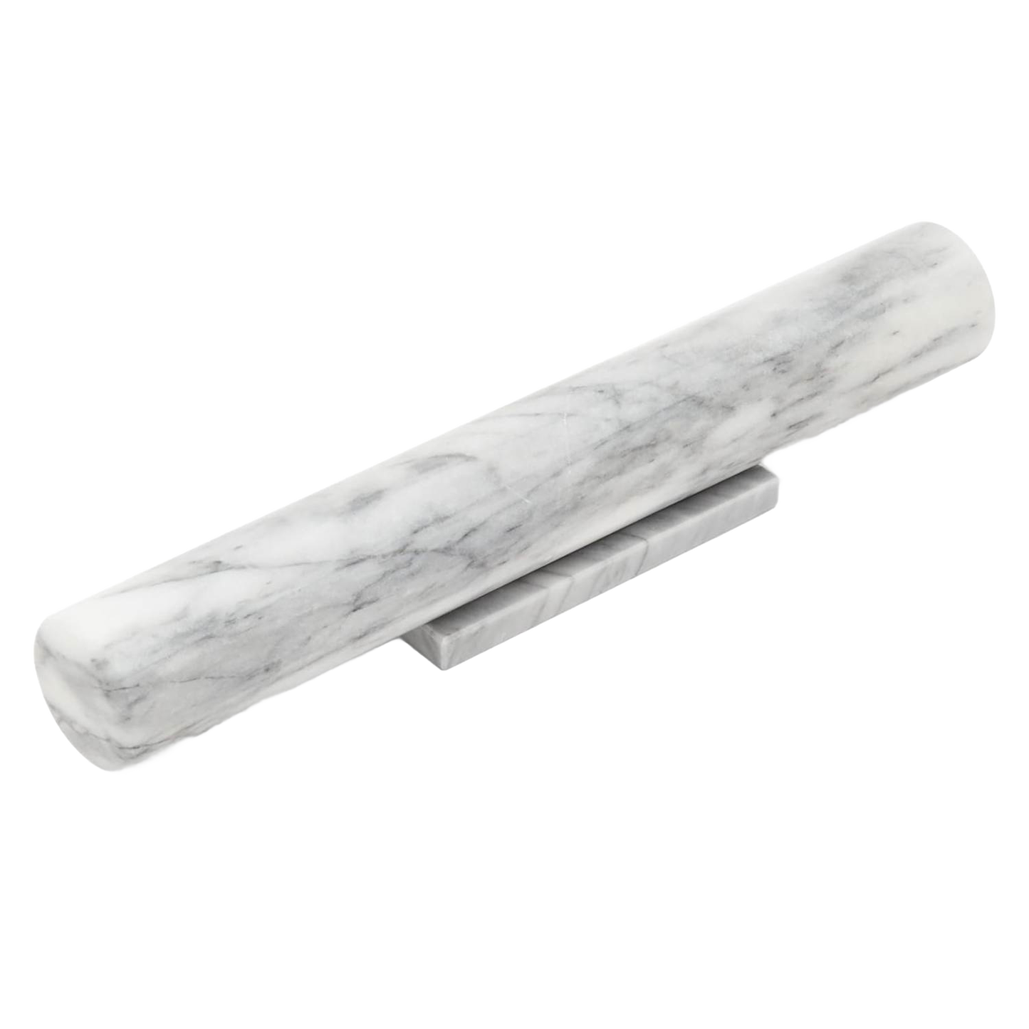 Smooth marble French-style rolling pin with handle-free design resting on a matching stand, ideal for rolling sticky dough, featured in Kitchen & Food, Cookware, Baking Supplies, and Best Sellers collections.