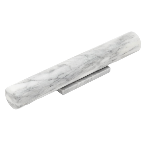 Smooth marble French-style rolling pin with handle-free design resting on a matching stand, ideal for rolling sticky dough, featured in Kitchen & Food, Cookware, Baking Supplies, and Best Sellers collections.