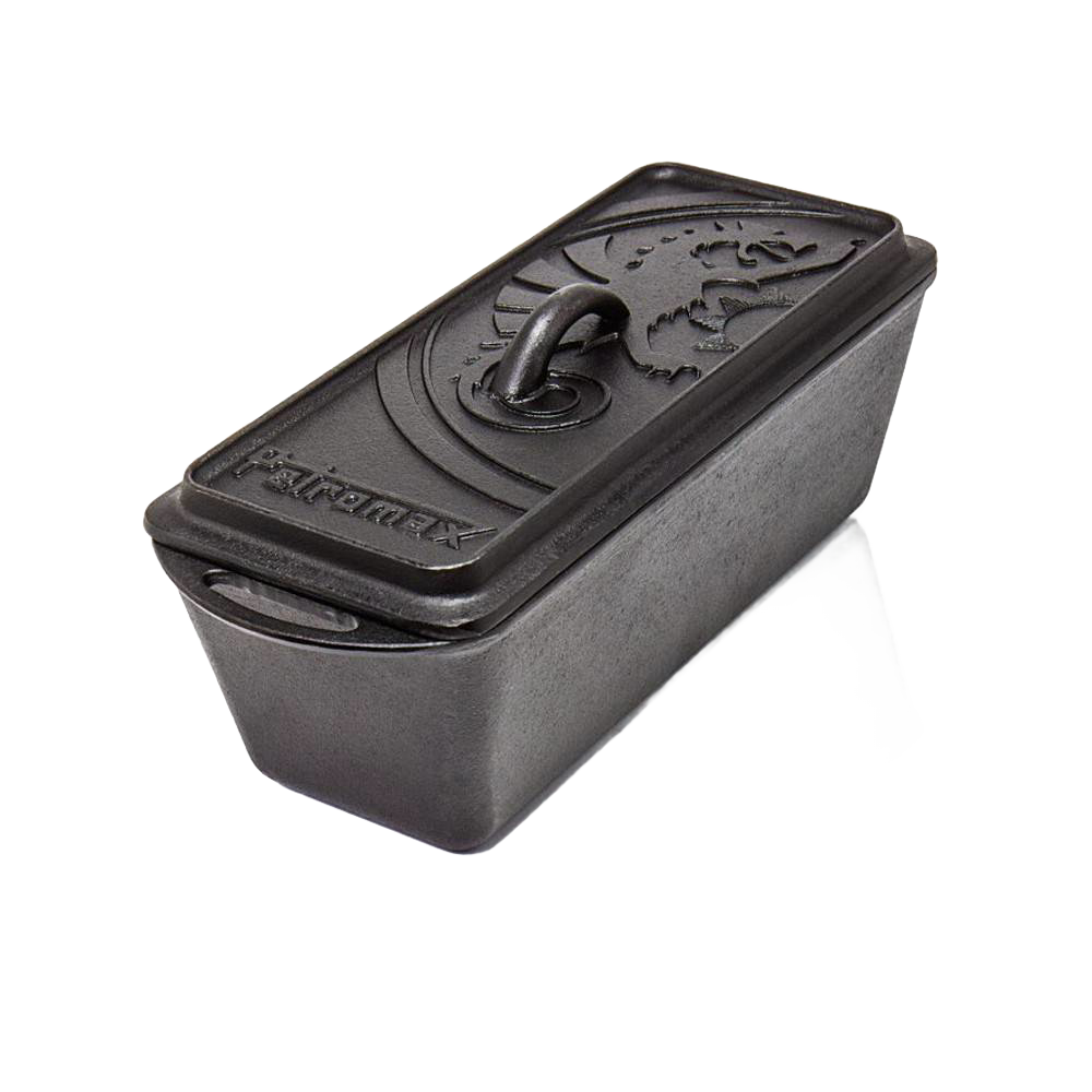 Heavy-duty cast iron loaf pan with lid featuring embossed design, ideal for baking bread and casseroles, perfect for kitchen, camping, and cookware essentials.