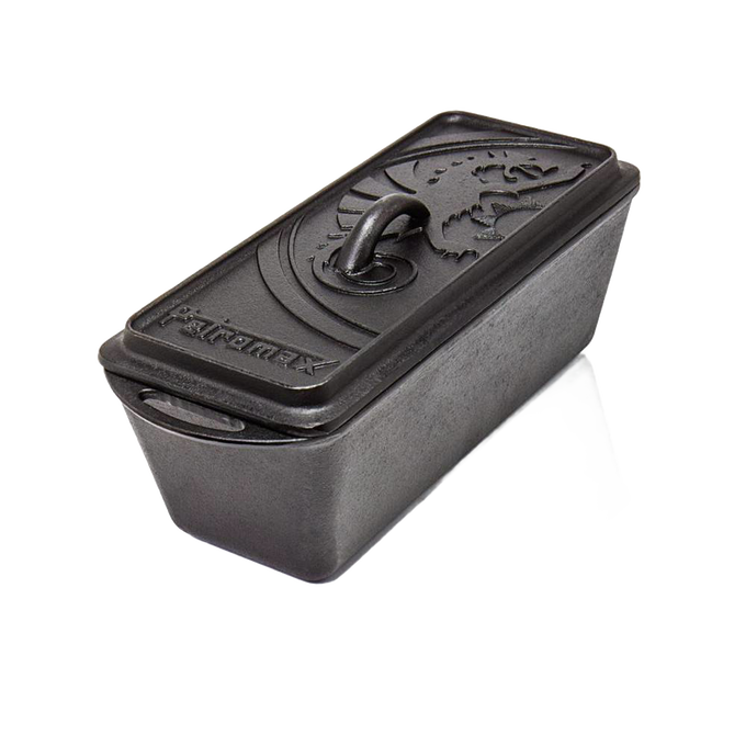 Heavy-duty cast iron loaf pan with lid featuring embossed design, ideal for baking bread and casseroles, perfect for kitchen, camping, and cookware essentials.