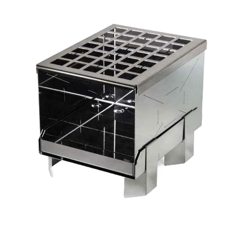 Unique handcrafted compact stainless steel camp stove with open grid top and foldable legs, designed for efficient outdoor cooking in Farm, Garden & Tool, Camping, Emergency Supplies, and Best Sellers collections.