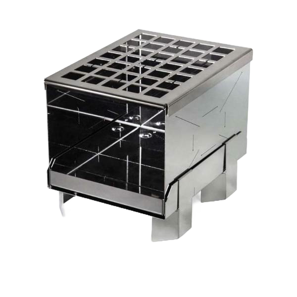 Unique handcrafted compact stainless steel camp stove with open grid top and foldable legs, designed for efficient outdoor cooking in Farm, Garden & Tool, Camping, Emergency Supplies, and Best Sellers collections.