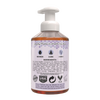 Back view of a handcrafted foaming hand soap bottle with natural ingredients list, moisturizing and calming properties, made in USA, featured in Health & Wellness and Soaps collections.