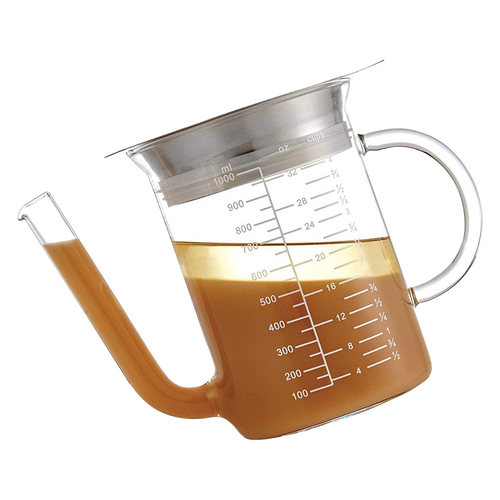 Clear glass fat separator with wide spout and marked measurements up to 32 ounces, designed for precise gravy preparation in Kitchen & Food, Food Prep, Measuring, and Best Sellers collections.