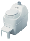 Compact non-electric composting toilet with white durable plastic construction, built-in footrest, vent pipe, designed for remote use and off-grid living in appliances and composting toilets collections.