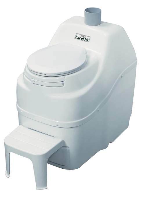 Compact non-electric composting toilet with white durable plastic construction, built-in footrest, vent pipe, designed for remote use and off-grid living in appliances and composting toilets collections.