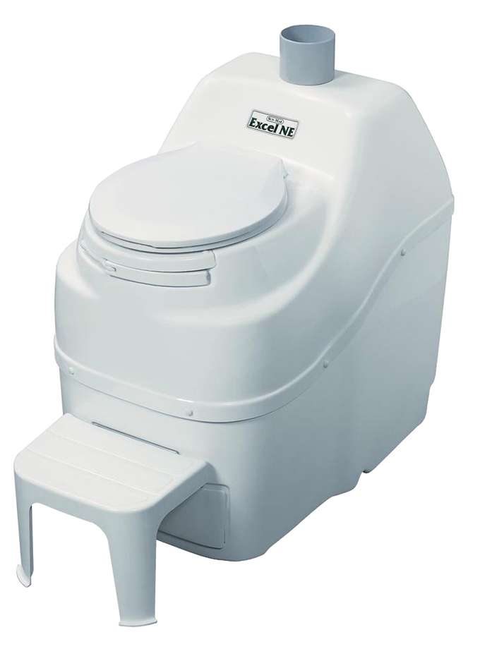 Compact non-electric composting toilet with white durable plastic construction, built-in footrest, vent pipe, designed for remote use and off-grid living in appliances and composting toilets collections.