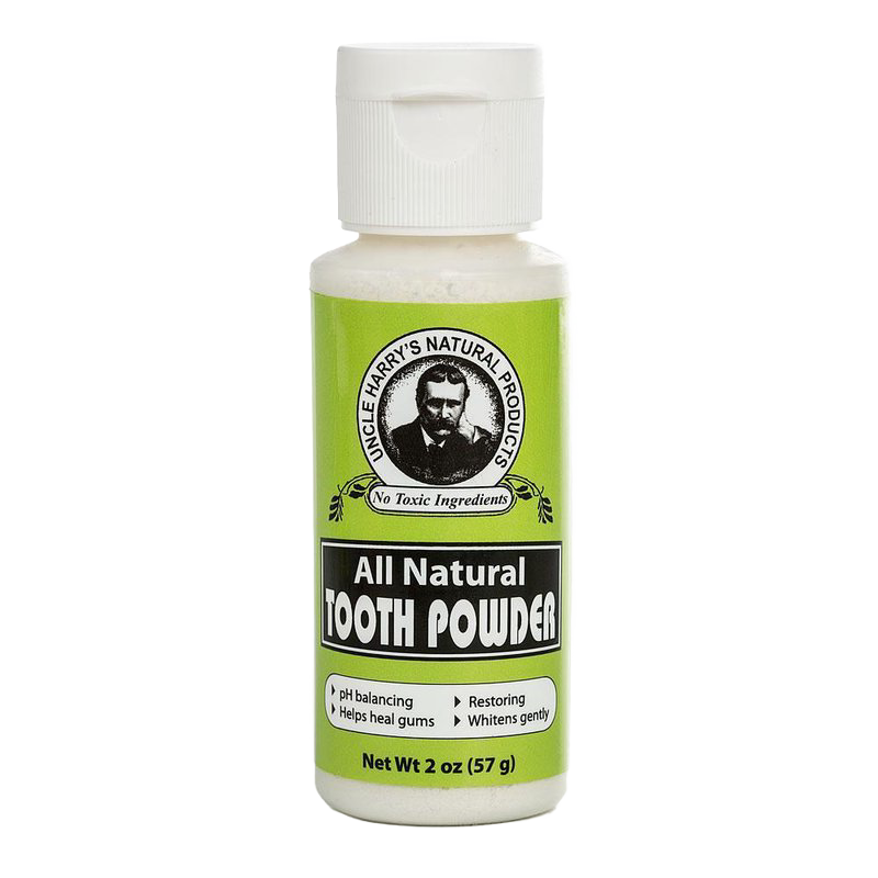 White plastic bottle of handcrafted tooth powder with bright green label emphasizing all natural ingredients, pH balancing, restorative benefits, and gentle whitening, featured in Health & Wellness, Health Remedies, Grooming and Personal Hygiene, USA Made, Best Sellers, and Promo Eligible collections.