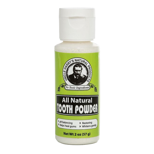 White plastic bottle of handcrafted tooth powder with bright green label emphasizing all natural ingredients, pH balancing, restorative benefits, and gentle whitening, featured in Health & Wellness, Health Remedies, Grooming and Personal Hygiene, USA Made, Best Sellers, and Promo Eligible collections.