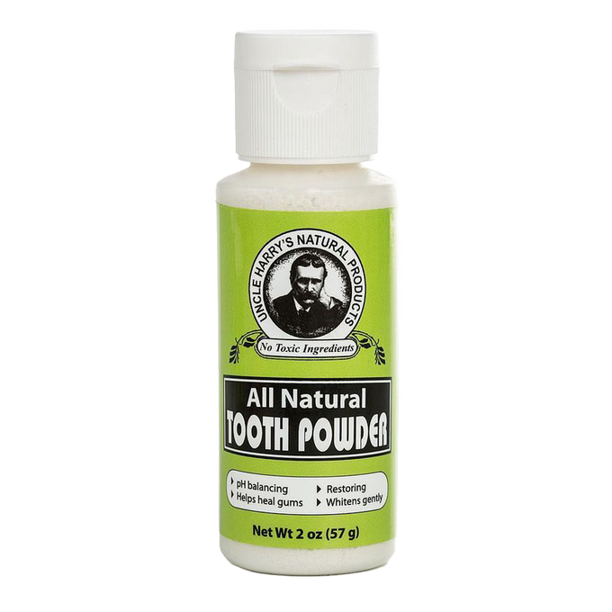 White plastic bottle of handcrafted tooth powder with bright green label emphasizing all natural ingredients, pH balancing, restorative benefits, and gentle whitening, featured in Health & Wellness, Health Remedies, Grooming and Personal Hygiene, USA Made, Best Sellers, and Promo Eligible collections.