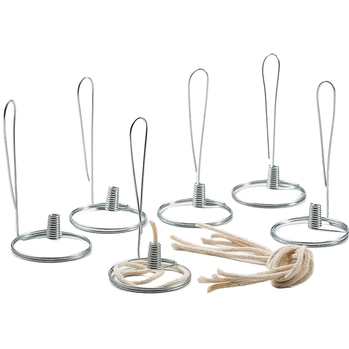 Set of six handcrafted steel wick holders with braided cotton wicks, designed for pint-sized jars in olive oil lamps, featured in USA Made and Lamps & Lighting collections.