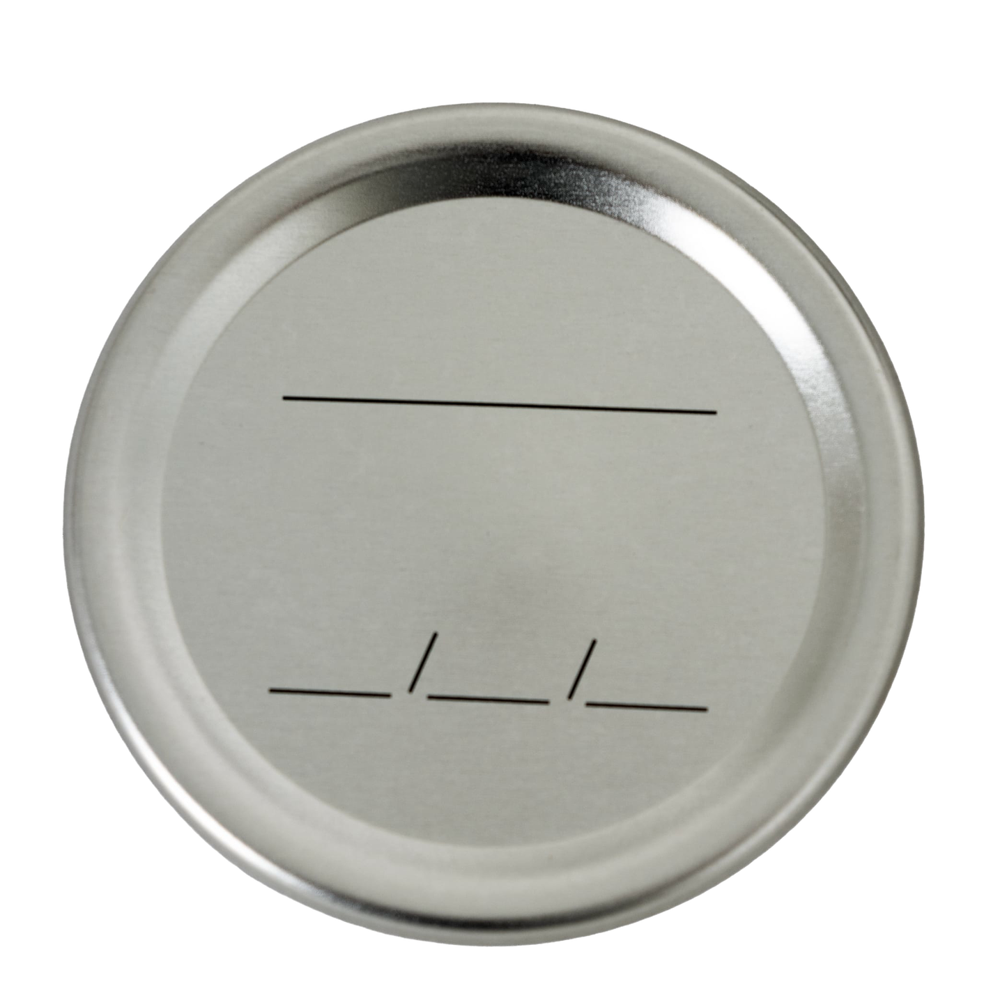 Silver metal lid sized for regular-mouth jars, featuring black lines for labeling and a BPA-free sealing compound, suitable for Kitchen & Food, Food Preservation, and Canning collections.