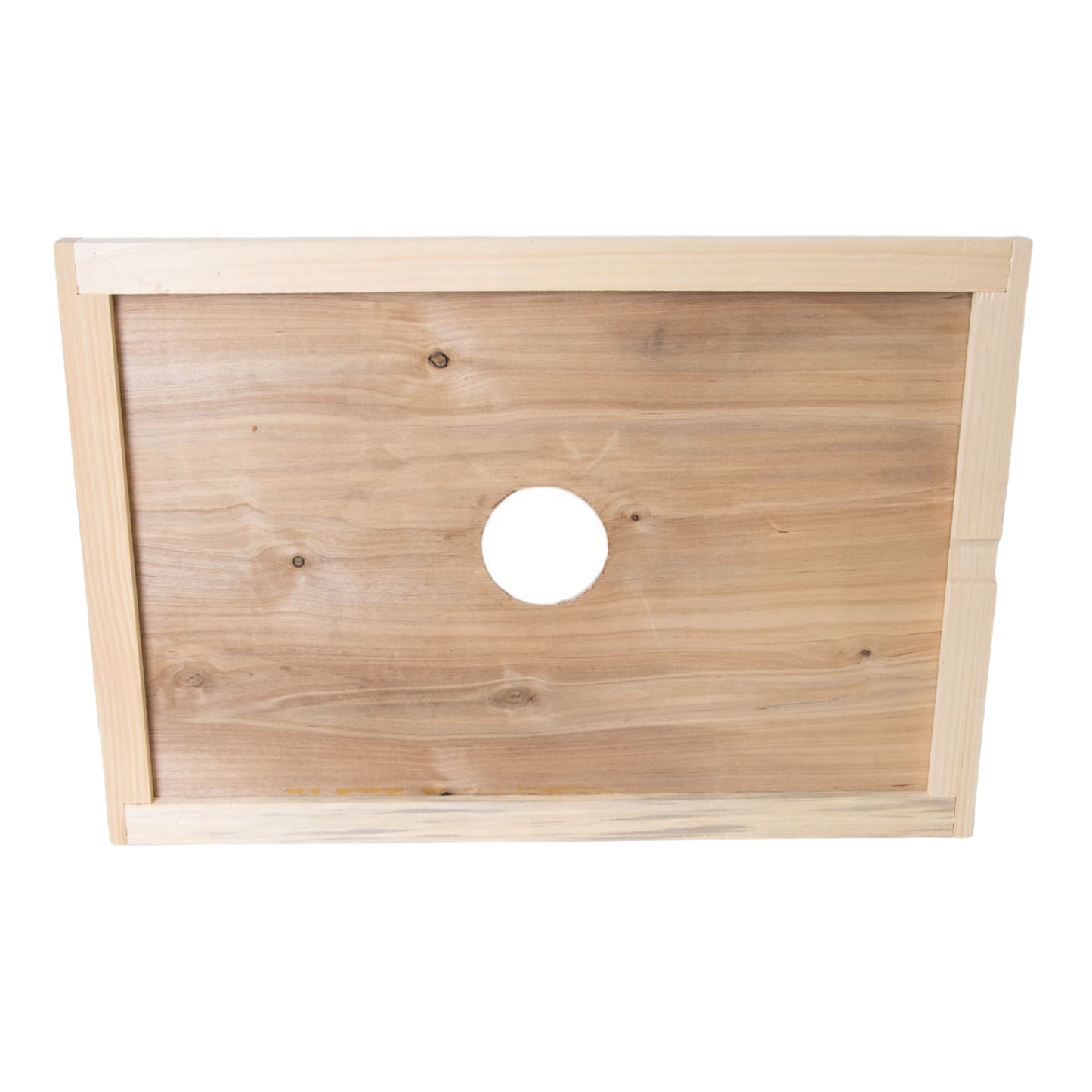 Handcrafted Amish made wooden hive inner cover with a centered round ventilation hole, designed for moisture control in beekeeping, part of USA Made farm and garden tools.