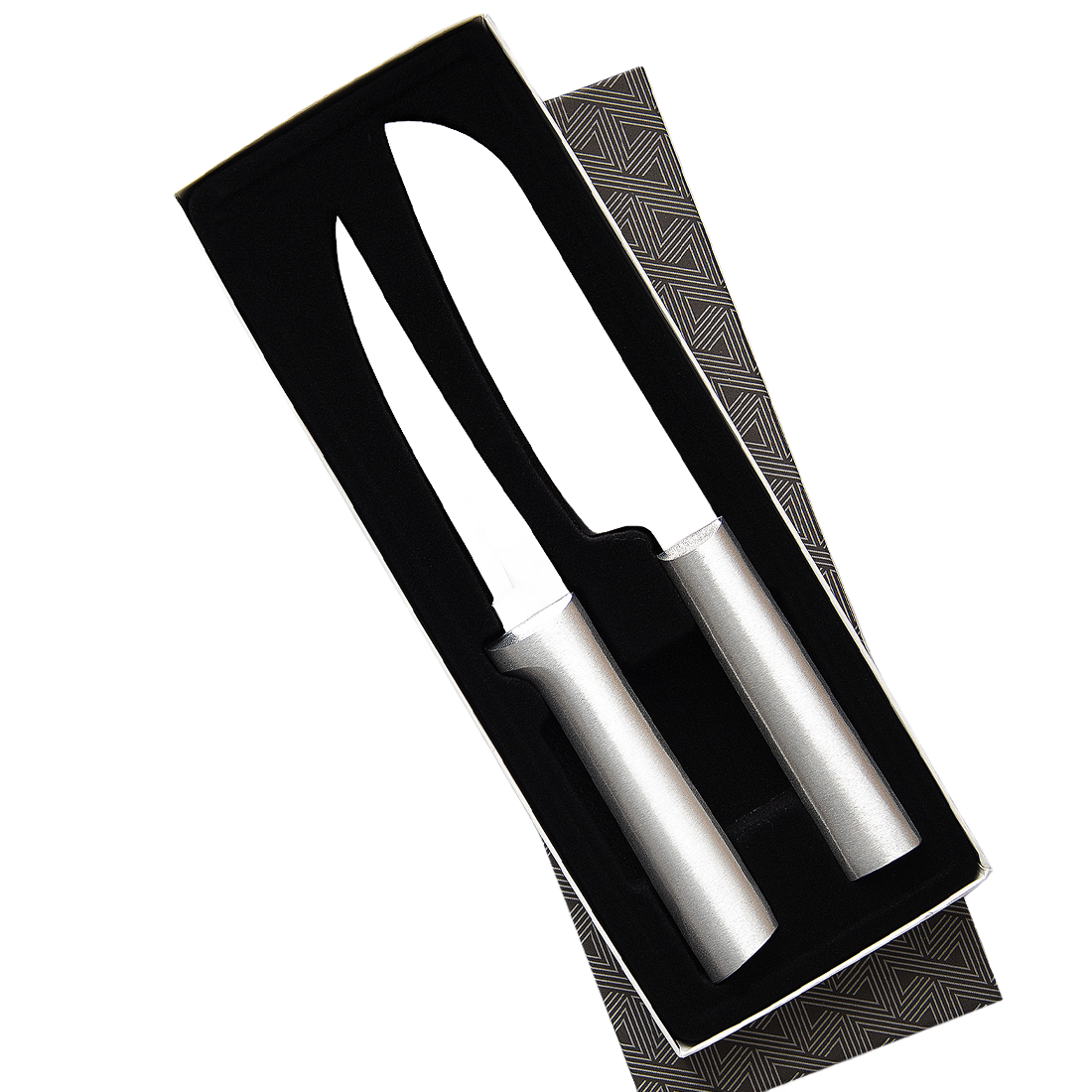 Two stainless steel knives with smooth metallic handles nestled in a black foam insert inside a decorative gift box, part of kitchen knives and food prep collections.