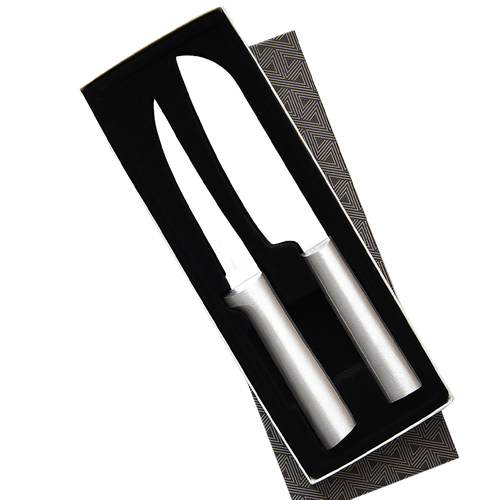 Two stainless steel knives with smooth metallic handles nestled in a black foam insert inside a decorative gift box, part of kitchen knives and food prep collections.