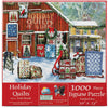 Handcrafted holiday quilt patterns arranged outdoors near a decorated barn and country store in a winter scene, featured in USA Made, Toys, Books & Games, and Best Sellers collections.