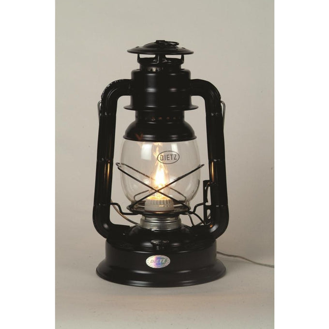 Black metal lantern converted to electric light with clear glass globe and visible bulb, handcrafted for use in Lamps & Lighting, Emergency Supplies, and Electric Conversion collections.