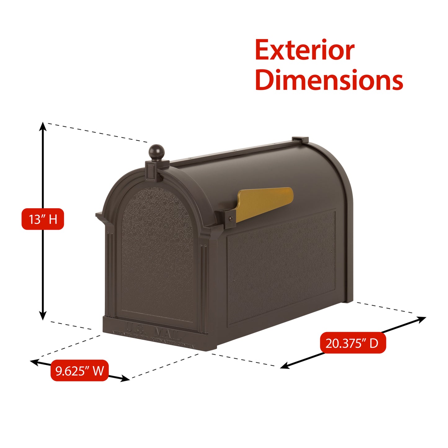 Handcrafted bronze and gold mailbox shown with exterior dimensions, highlighting a durable and elegant design made in USA for Home & Decor, Mailboxes and Address Signs, and USA Made collections.