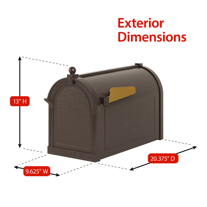 Handcrafted bronze and gold mailbox shown with exterior dimensions, highlighting a durable and elegant design made in USA for Home & Decor, Mailboxes and Address Signs, and USA Made collections.