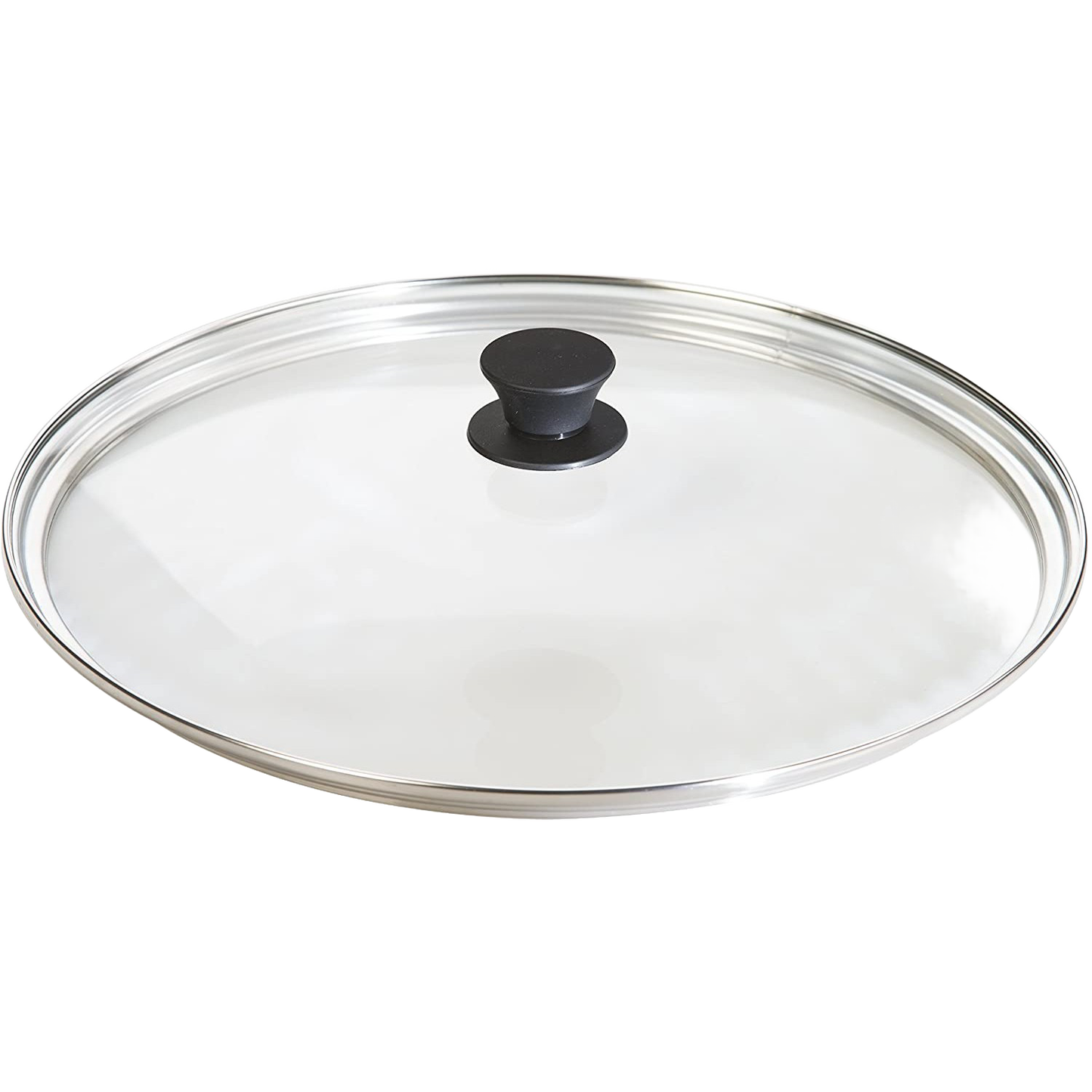 Clear round tempered glass lid with stainless steel rim and black heat-resistant knob, designed for Kitchen & Food, Cookware, Cast Iron, Pots and Pans, Best Sellers, and Promo Eligible collections.