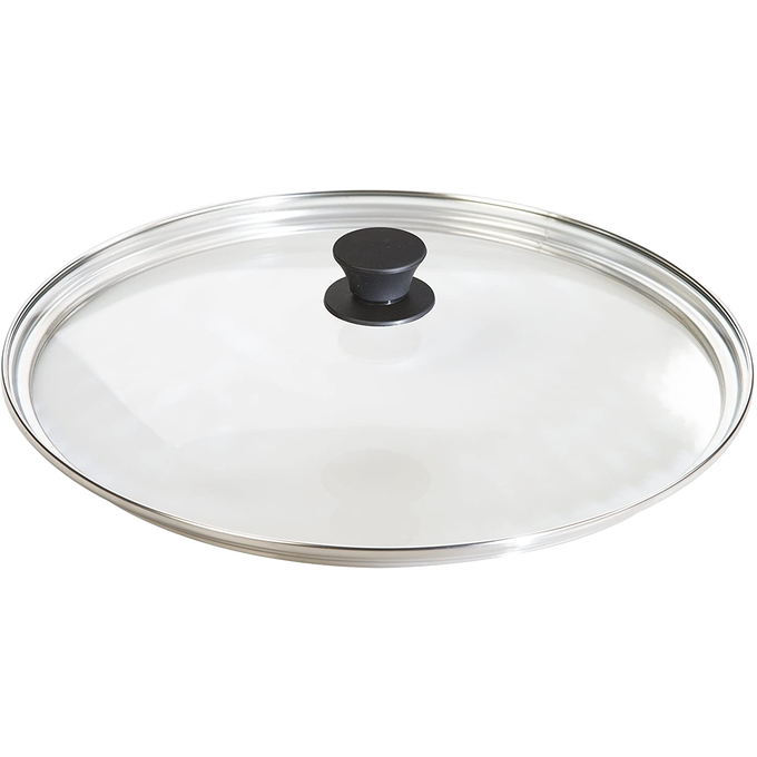 Clear round tempered glass lid with stainless steel rim and black heat-resistant knob, designed for Kitchen & Food, Cookware, Cast Iron, Pots and Pans, Best Sellers, and Promo Eligible collections.