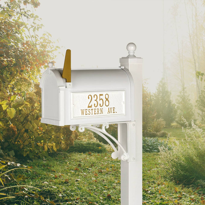 Handcrafted white and gold mailbox mounted on decorative post, featuring elegant personalized address plate, made in USA, ideal for Home & Decor and Mailboxes collections.