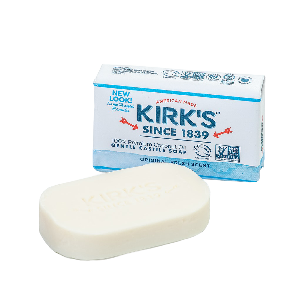 Bar of handcrafted gentle castile soap made with premium coconut oil, displayed next to its American-made packaging, ideal for Health & Wellness and Grooming collections.