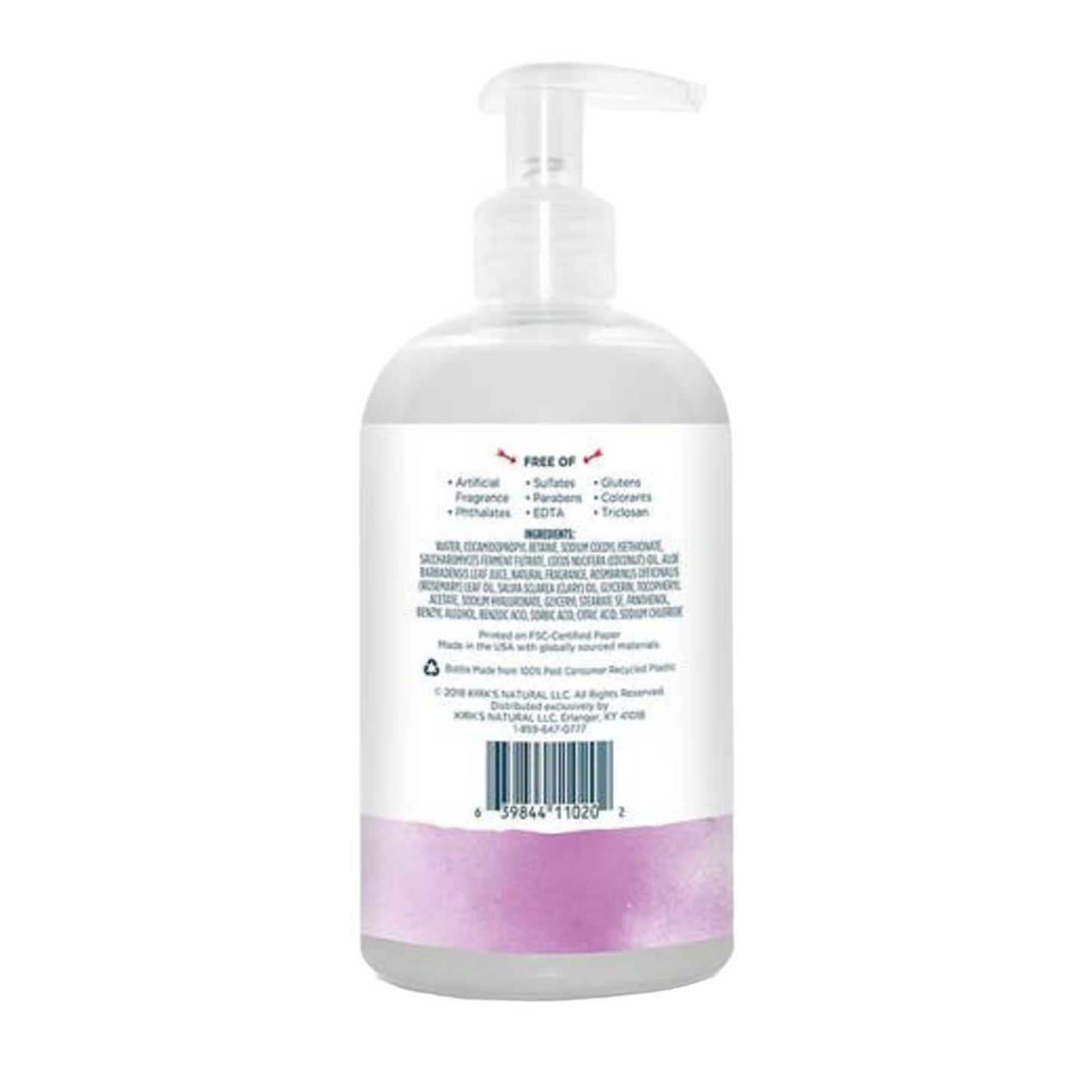 Back view of a clear plastic pump bottle featuring Kirk's Odor Neutralizing Hydrating Hand Wash label with ingredient details and product benefits, USA made, in Health & Wellness, Grooming, and Soaps collections.
