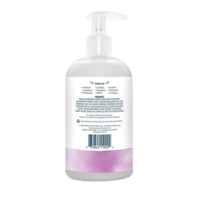 Back view of a clear plastic pump bottle featuring Kirk's Odor Neutralizing Hydrating Hand Wash label with ingredient details and product benefits, USA made, in Health & Wellness, Grooming, and Soaps collections.