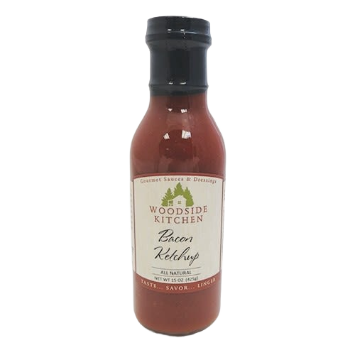 Glass bottle of handcrafted bacon-flavored ketchup made in small batches in USA, perfect for Kitchen & Food, Food, Pantry, USA Made, Best Sellers, and Promo Eligible collections.