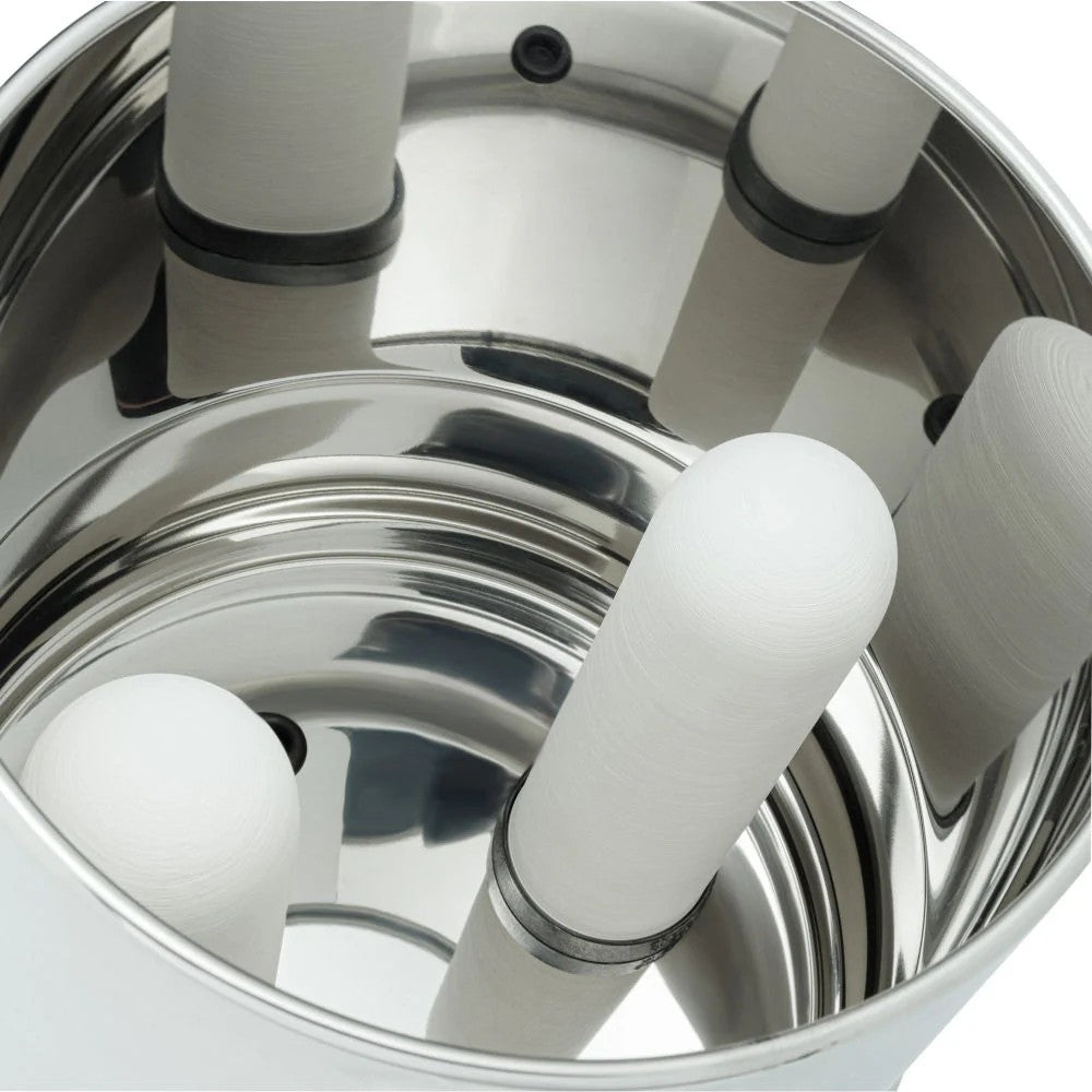Handcrafted ceramic water filter elements with black sealing rings inside a polished stainless steel gravity filter chamber, suitable for Farm, Garden & Tool, Appliances, Emergency Supplies, and Water Treatment collections.