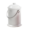 Handcrafted ceramic compost keeper with gleaming white finish and stainless steel handle, featuring an odor-preventing filter, ideal for Farm, Garden & Tool, Composting, and Best Sellers collections.