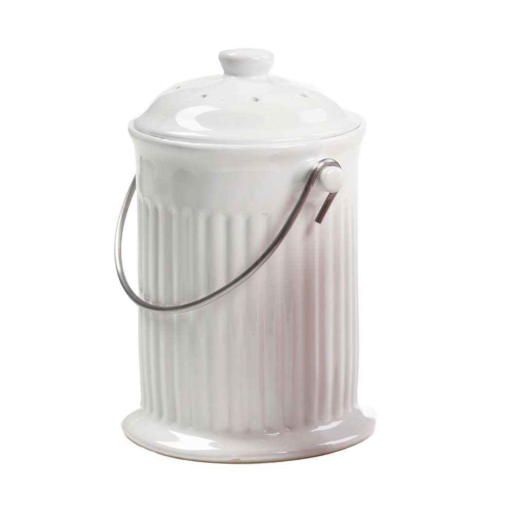 Handcrafted ceramic compost keeper with gleaming white finish and stainless steel handle, featuring an odor-preventing filter, ideal for Farm, Garden & Tool, Composting, and Best Sellers collections.