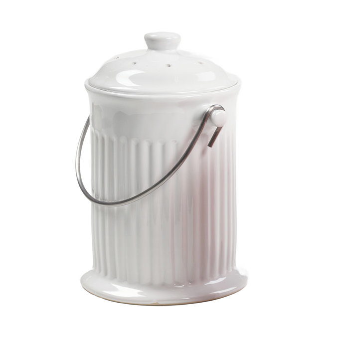 Handcrafted ceramic compost keeper with gleaming white finish and stainless steel handle, featuring an odor-preventing filter, ideal for Farm, Garden & Tool, Composting, and Best Sellers collections.