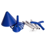 Disassembled blue plastic laundry washer components including funnel, strainer, and handles laid out alongside metal rods, part of a portable hand-powered washing system featured in Laundry Supplies and Best Sellers collections.
