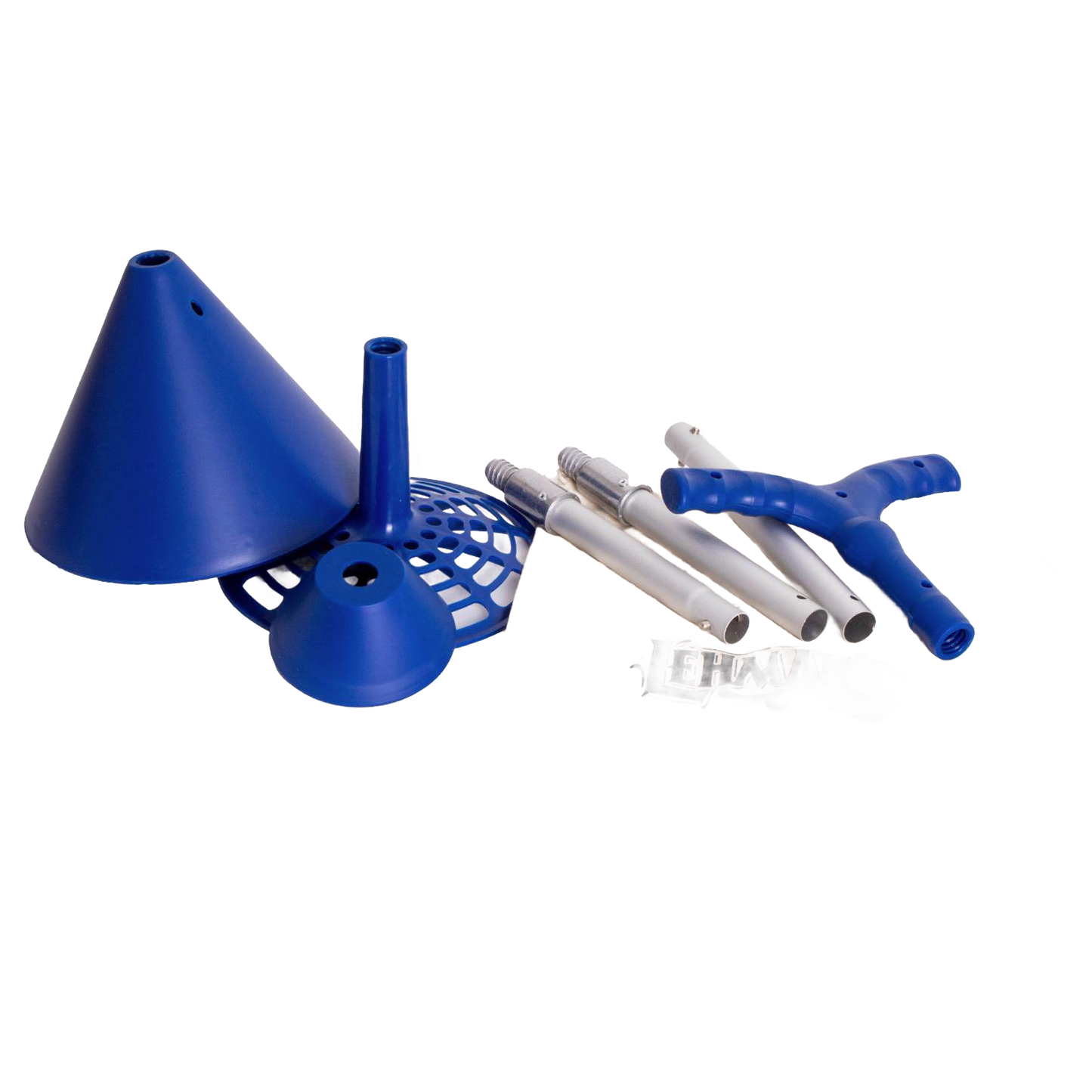 Disassembled blue plastic laundry washer components including funnel, strainer, and handles laid out alongside metal rods, part of a portable hand-powered washing system featured in Laundry Supplies and Best Sellers collections.