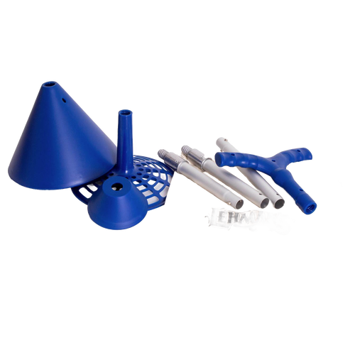 Disassembled blue plastic laundry washer components including funnel, strainer, and handles laid out alongside metal rods, part of a portable hand-powered washing system featured in Laundry Supplies and Best Sellers collections.
