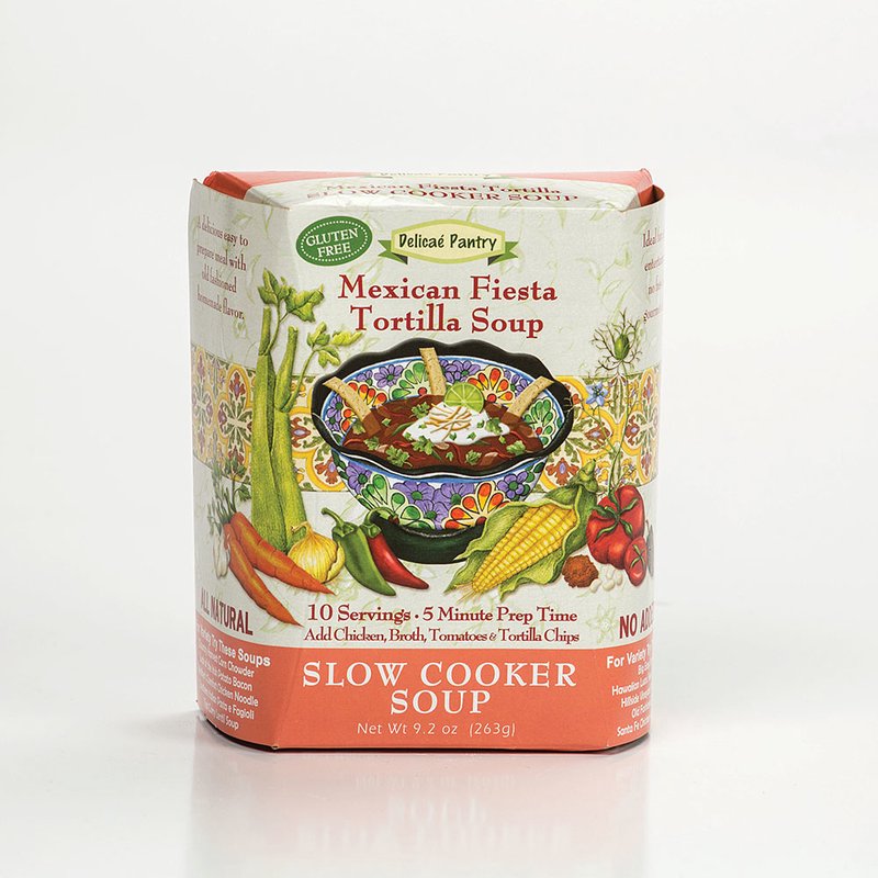 Handcrafted all-natural gluten-free Mexican Fiesta tortilla soup mix with colorful vegetable illustrations, made in USA, ideal for Kitchen & Food, Dry Goods, Soups, and Gluten Free collections.