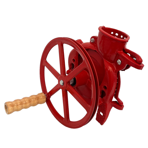 Handcrafted cast iron corn sheller with a wooden handle and large flywheel pulley, designed for efficient shelling, part of Farm, Garden & Tool and Best Sellers collections.