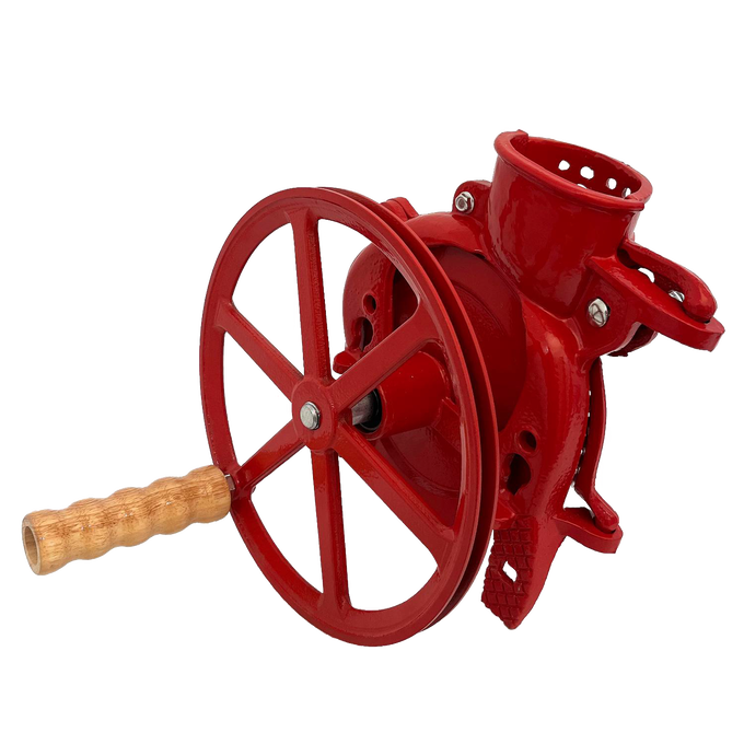 Handcrafted cast iron corn sheller with a wooden handle and large flywheel pulley, designed for efficient shelling, part of Farm, Garden & Tool and Best Sellers collections.