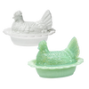Two hand-pressed glass covered hen dishes in white and green, showcasing vintage-inspired design, crafted in the USA, ideal for Kitchen & Food, Storage and Serving, and Best Sellers collections.