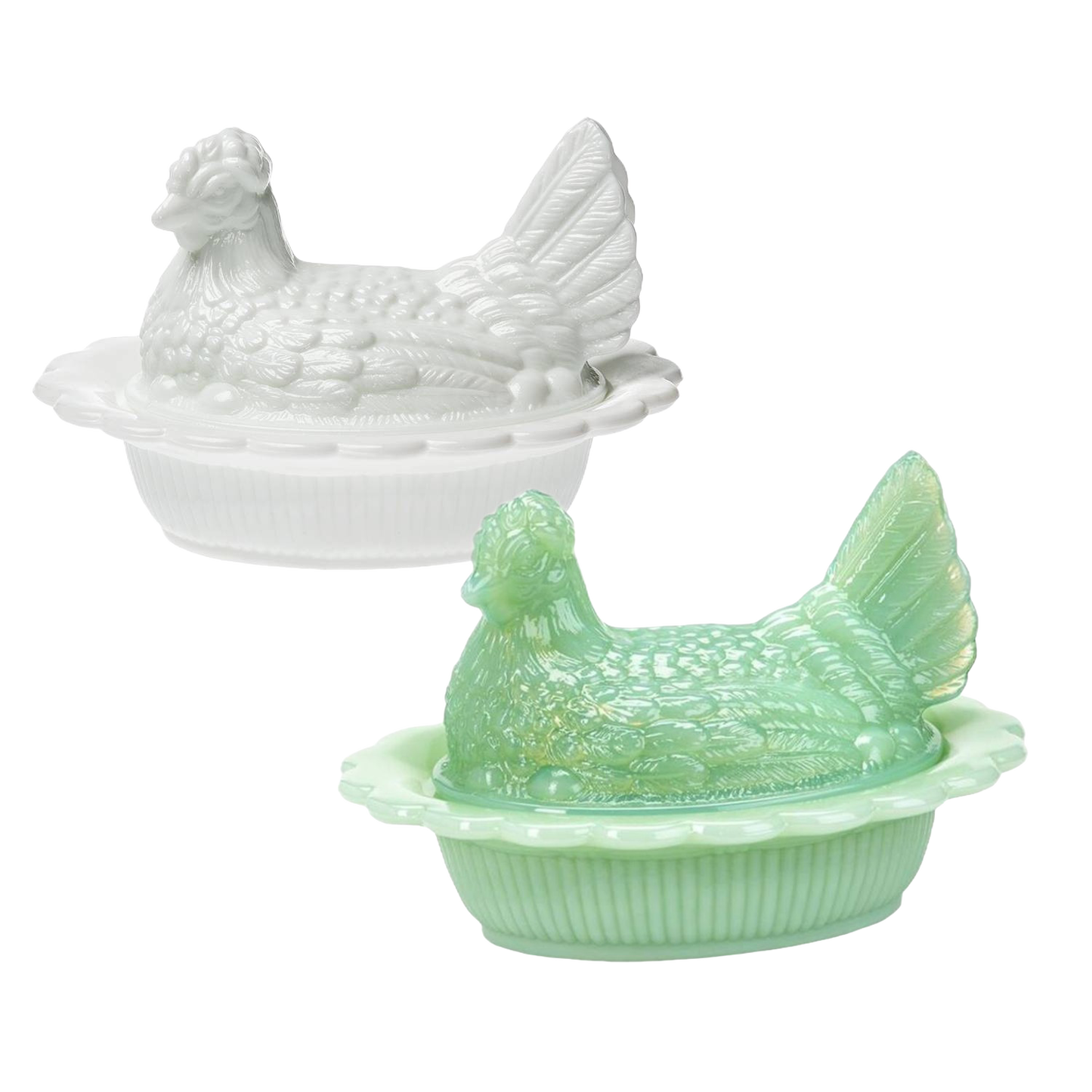 Two hand-pressed glass covered hen dishes in white and green, showcasing vintage-inspired design, crafted in the USA, ideal for Kitchen & Food, Storage and Serving, and Best Sellers collections.