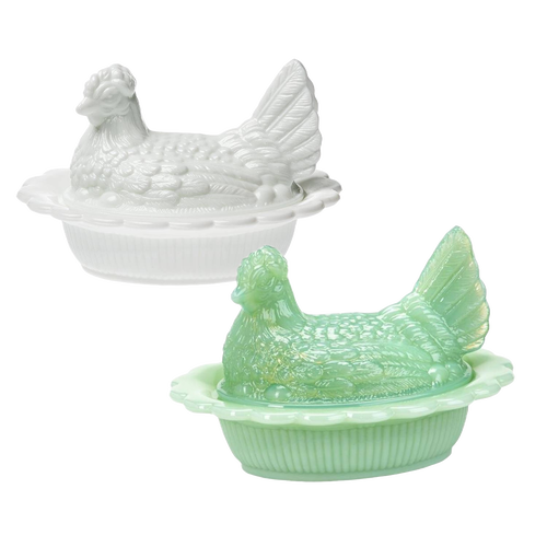 Two hand-pressed glass covered hen dishes in white and green, showcasing vintage-inspired design, crafted in the USA, ideal for Kitchen & Food, Storage and Serving, and Best Sellers collections.