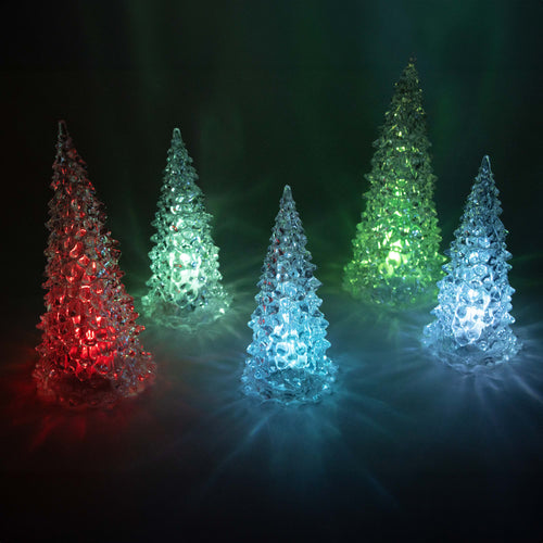 Set of five indoor acrylic trees with textured surfaces illuminated by changing multicolored LED lights in red, blue, green, and purple, perfect for Home & Decor and Holiday Decor collections.