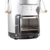 Compact outdoor stove with cast iron cooking surface, front-loading firebox door with air vents, and wooden handle pulls, ideal for camping and garden use in Best Sellers and Promo Eligible collections.
