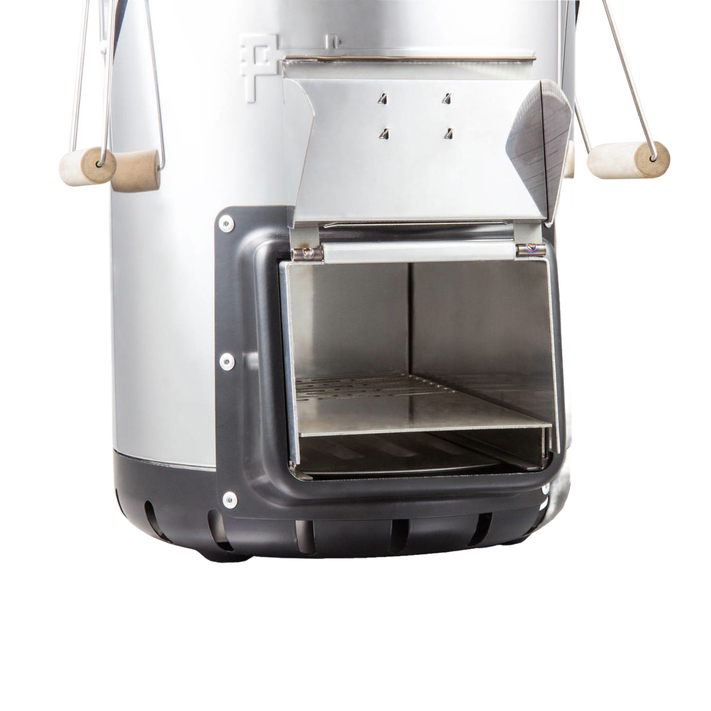 Compact outdoor stove with cast iron cooking surface, front-loading firebox door with air vents, and wooden handle pulls, ideal for camping and garden use in Best Sellers and Promo Eligible collections.