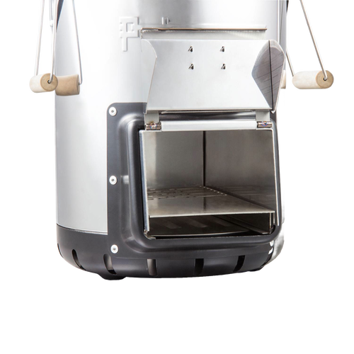 Compact outdoor stove with cast iron cooking surface, front-loading firebox door with air vents, and wooden handle pulls, ideal for camping and garden use in Best Sellers and Promo Eligible collections.
